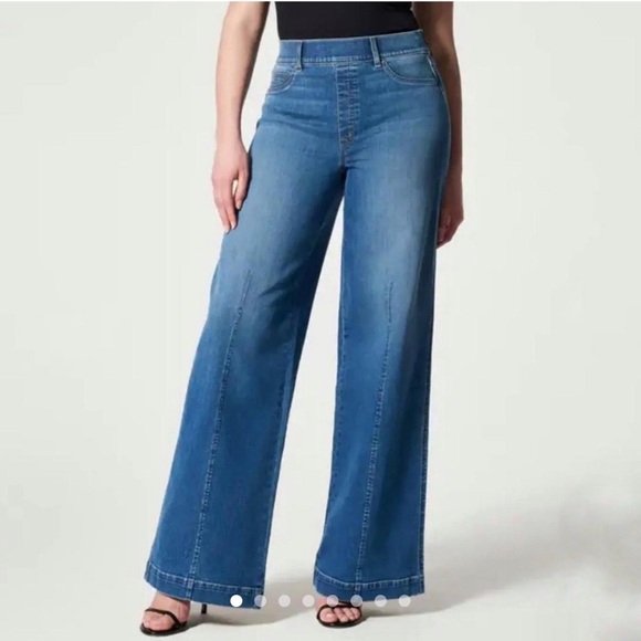Spanx women’s indigo blue wash Seamed Front Wide Leg denim pull on Jeans MEDIUM